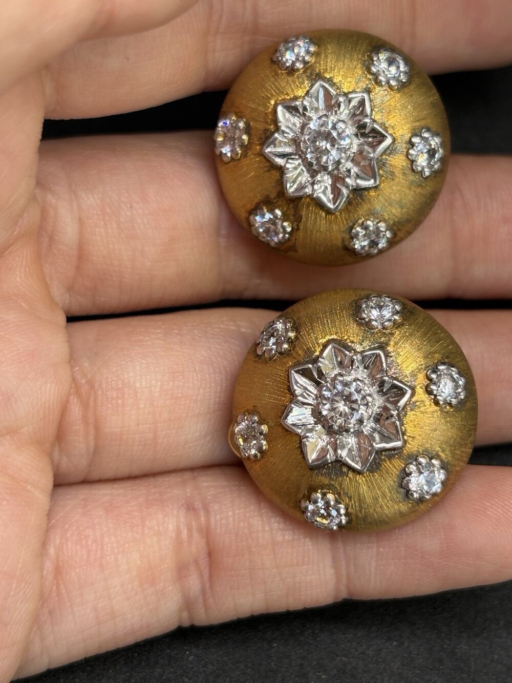 Vintage BUCCELLATI Style Sterling Silver 925 Engraved Silk CZ Gold Tone Earrings